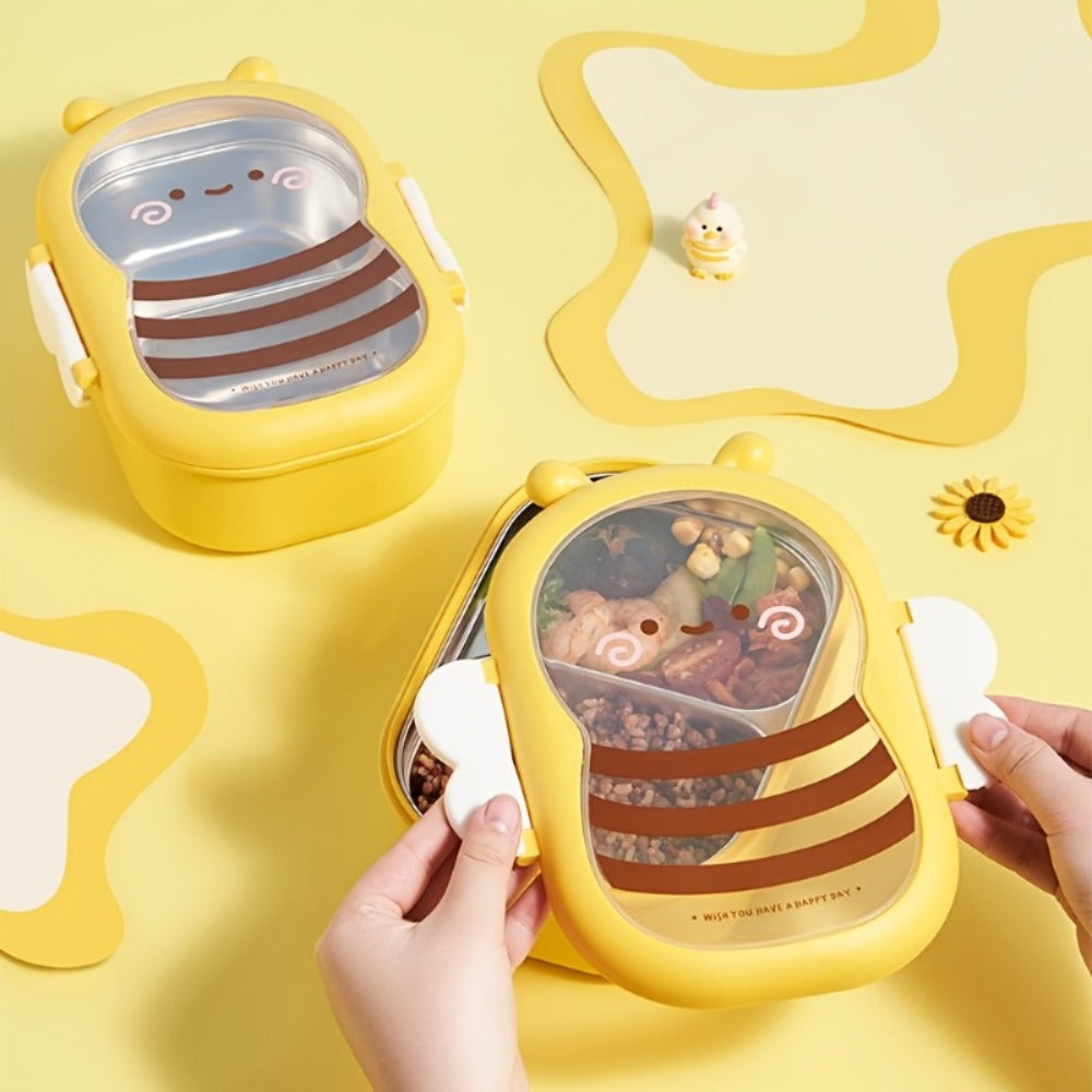 Cute Bee Lunch Box Stainless Steel, 304 Food Grade 2-Compartment Bento Box with Bee-Themed Lid for Kids