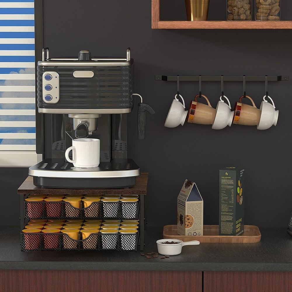 K-Cup Coffee Pod Holder 72 Capacity – 2-Tier Sliding Drawer Coffee Pod Organizer with Wood Top & Metal Frame, Non-Slip Base