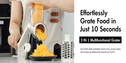 Rotary Cheese Grater, Stainless Steel Hand Crank Shredder with 3 Interchangeable Blades, Suction Base & Cleaning Brush
