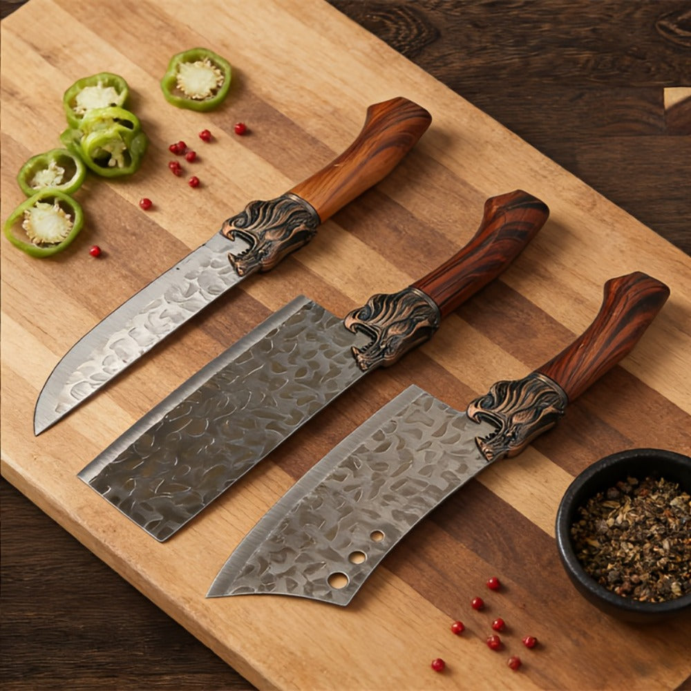 Seven-Piece Kitchen Knife Set with Six Hammered Silver Blades, Scissors and Wood-Look Handles