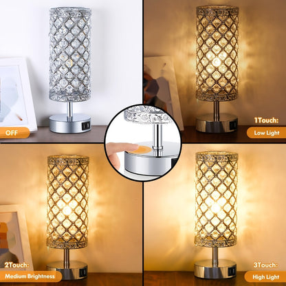 Crystal Cylinder Bedside Table Lamp with Dual USB Ports in Three Finishes and One- or Two-Pack Options
