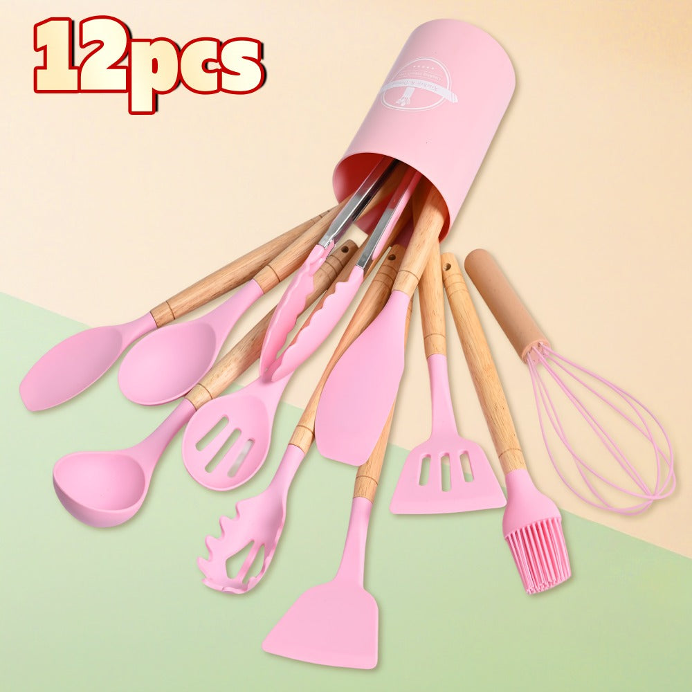 Silicone Kitchen Utensil Set 12PCS with Wooden Handle – Heat Resistant Non-Stick Safe for Home Cooking, Dining and Outdoor Meals