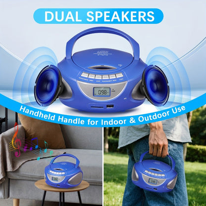 Portable CD Player Boombox with AM FM Radio Dual Stereo Speakers, Aux Input USB TF Card MP3 Player