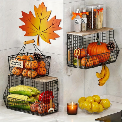 Stackable Metal Wire Fruit Basket with Lid, 1 or 2-Tier Hanging Kitchen Pantry Storage Bin