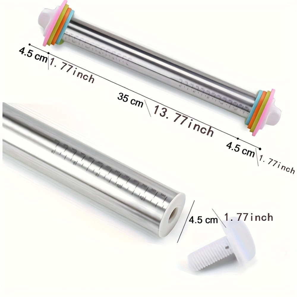 Stainless Steel Rolling Pin with Adjustable Thickness Rings Dough Roller for Baking Pizza Cookies Pastry 430 Grade Non-Stick Heavy Duty
