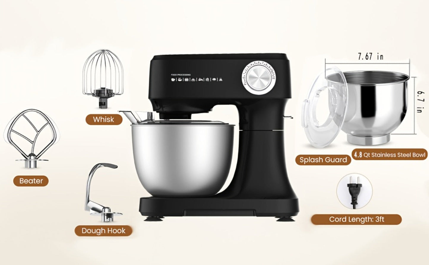 Electric Food Mixer 4.8 Qt 12-Speed Portable Stand Mixer for Daily Baking with Egg Whisk Dough Hook Flat Beater Kitchen Tilt-Head Mixer