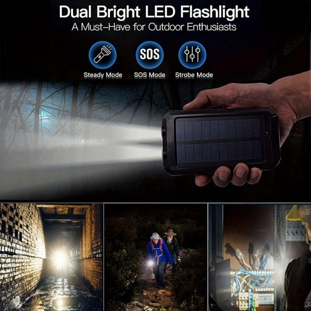 Solar Power Bank, 10000mAh USB Charger with Solar Panel, LED Flashlight, Compass, Data Cable and Backpack Hook