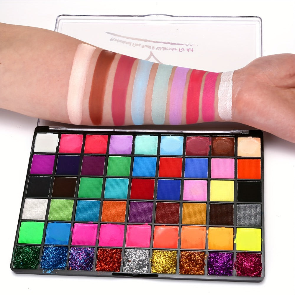 54 Color Face & Body Paint Kit with UV Fluorescent, Matte & Glitter Shades, Pattern Templates, Brushes &