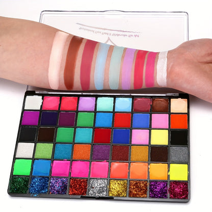 54 Color Face & Body Paint Kit with UV Fluorescent, Matte & Glitter Shades, Pattern Templates, Brushes &