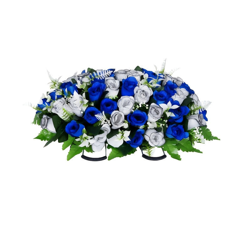 Artificial Cemetery Flowers for Grave with Saddle, Silk Rose Bouquet Headstone Decoration, Memorial Day Grave Flowers