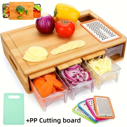 Bamboo Cutting Board Prep Station with Slide-Through Opening, Drawer Positions and Two-Tray Package Option