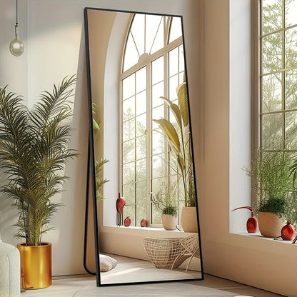 Full Length Mirror 59"x16" Arched Leaning Wall Mirror, Aluminum Alloy Thin Frame, Vertical or Tilted, Black & Gold