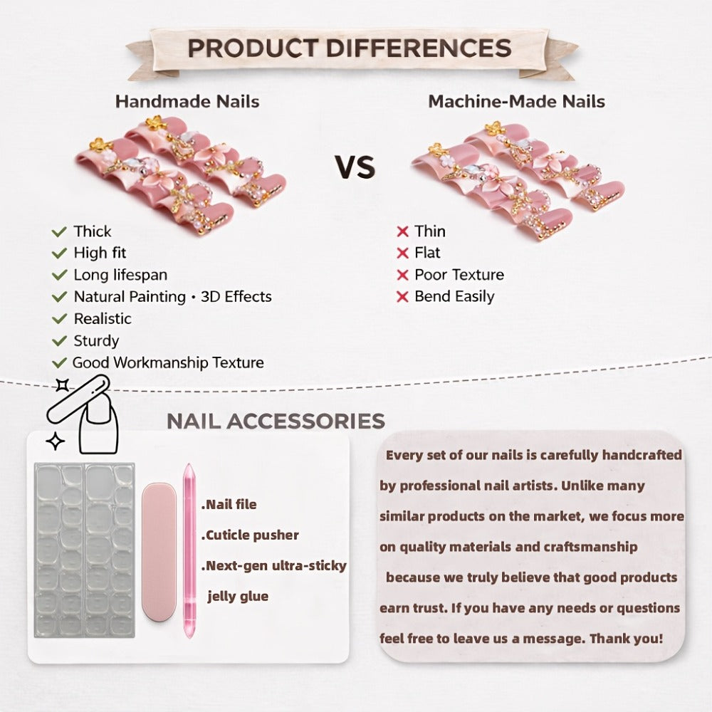 Press On Nails 10-Piece Short Duck-Tip Acrylic Set with Cherry, Bee, Flower, Cross and Star Designs