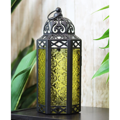 Moroccan Candle Lantern Holder - Decorative Metal & Glass Lantern with Embossed Floral Design for Indoor Home Decor