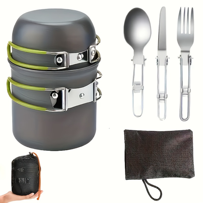 Portable Camping Cookware Set with Double Pot & Utensils – Lightweight Open Fire Cooking Kit with Forks Knives Spoons