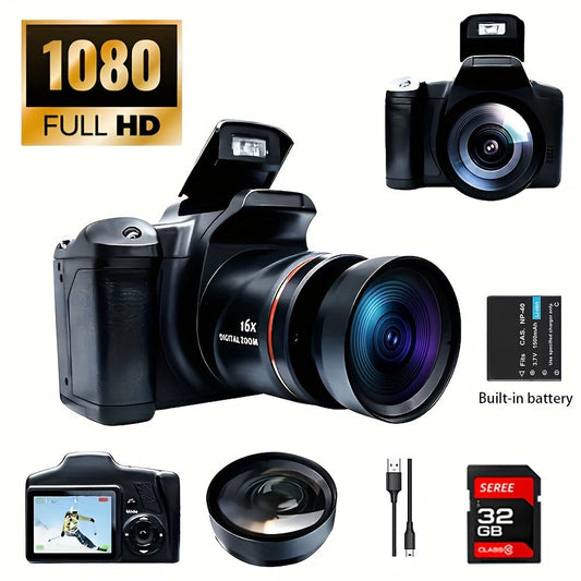 1080P Mini Digital Camera for Photography Vlogging 2.4" LCD 16x Zoom 9.88mm Wide-Angle Lens Compact Travel Camera with 32GB Memory Card
