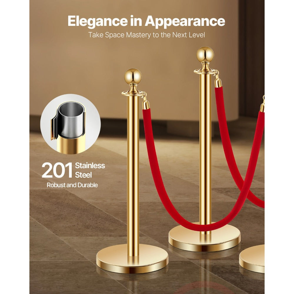 Stanchion Posts with Red Velvet Rope Set – Gold Crowd Control Barrier, for Home, Office and Event Organization