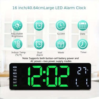 Large Digital Wall Clock 16 Inch LED Color Display, Smart Auto-Dimming 10-Level Brightness, Time Temperature Humidity Monitor