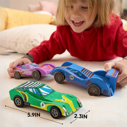 DIY Wooden Race Cars 4pcs Build & Paint Kit for Kids Ages 8+, 44 Pre-Cut Pieces 12 Colors Racing Stickers