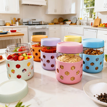 Glass Jar Food Storage Organizer Six-Pack with 16oz Screw-Top Jars and Optional Silicone Sleeves