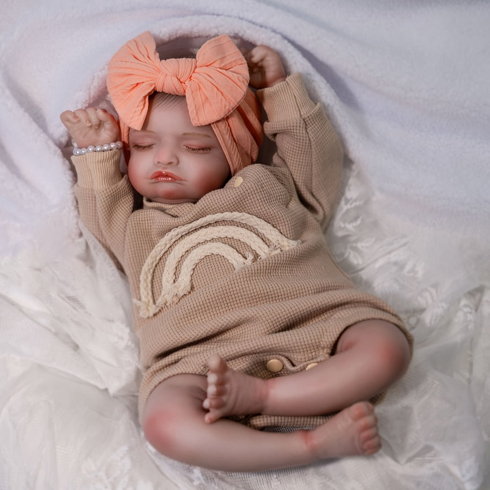 Reborn Baby Doll 20-Inch Sleeping Soft Cloth Body with Striped Outfit, Bow Headband and Feeding Accessories