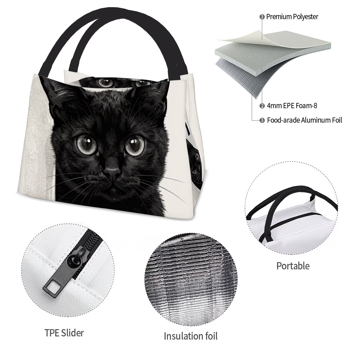 Black Cat Pattern Insulated Cooler Bag – Reusable Thermal Lunch Tote 11x6.3x6.7", Polyester, Keeps Food Hot & Cold, Portable for Picnic
