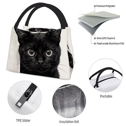 Black Cat Pattern Insulated Cooler Bag – Reusable Thermal Lunch Tote 11x6.3x6.7", Polyester, Keeps Food Hot & Cold, Portable for Picnic