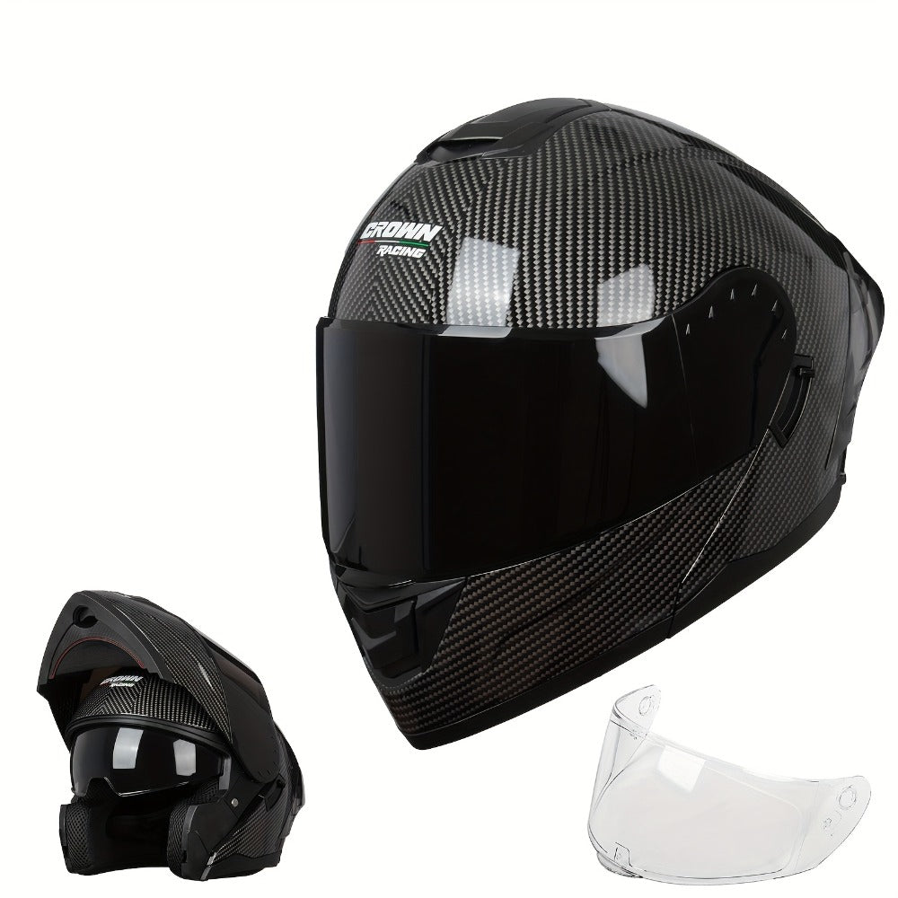 Carbon Fiber Pattern Motorcycle Helmet – Modular Flip-Up Full Face Helmet, Lightweight Motorbike Helmet for Men & Women