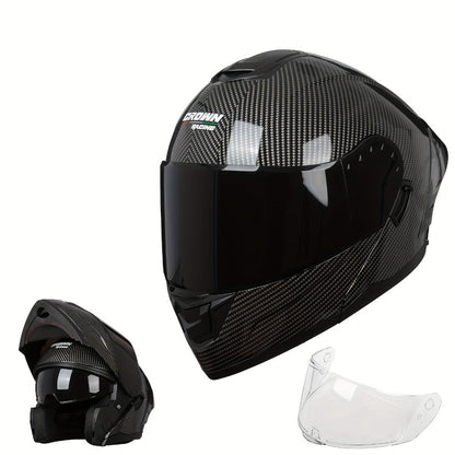 Carbon Fiber Pattern Motorcycle Helmet – Modular Flip-Up Full Face Helmet, Lightweight Motorbike Helmet for Men & Women