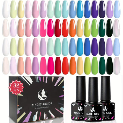 Gel Nail Polish Set with MAGIC ARMOR Label, 32 Floral Rhapsody Pastel Nude Pink Blue Colors
