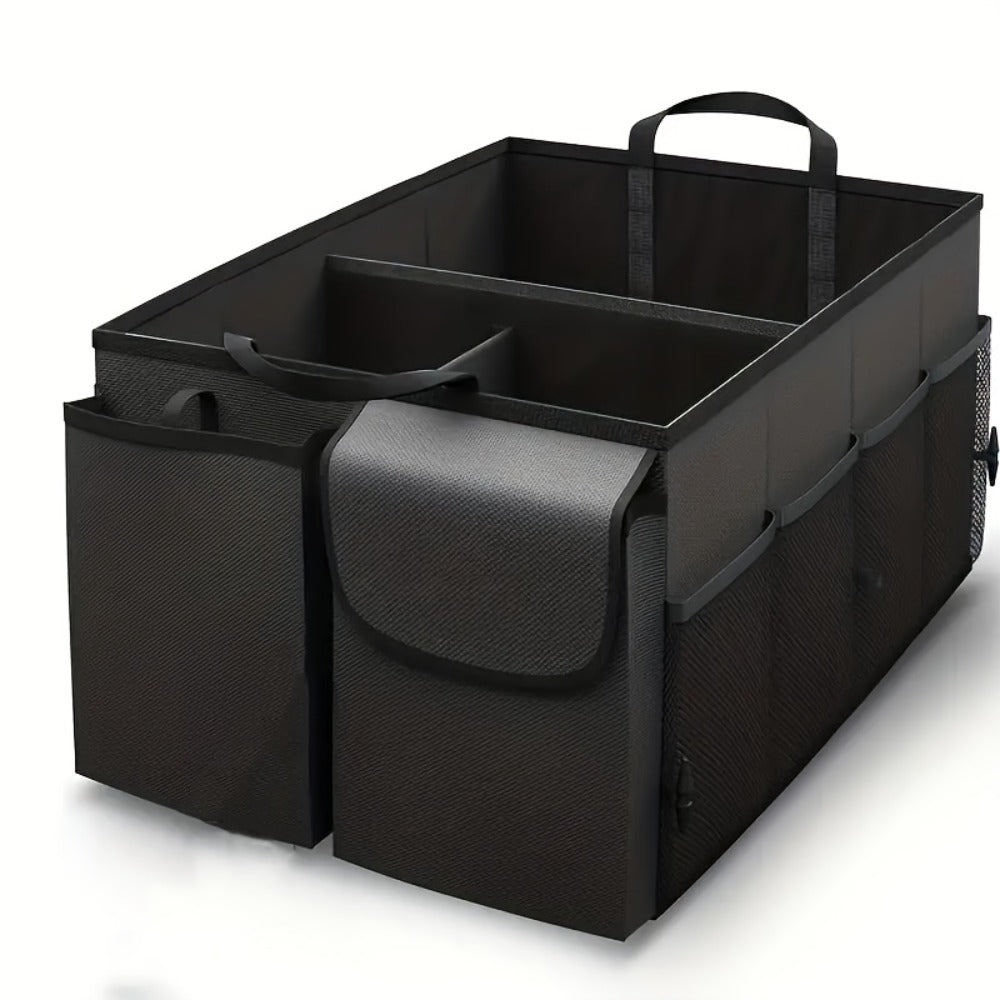 Car Trunk Organizer, Foldable Nylon Cargo Box with Adjustable Securing Straps, Side Pockets and Carry Handles