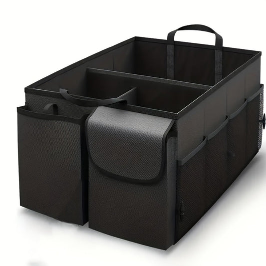 Car Trunk Organizer, Foldable Nylon Cargo Box with Adjustable Securing Straps, Side Pockets and Carry Handles