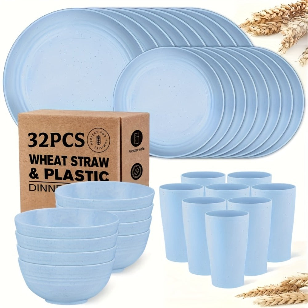 Wheat Straw Dinnerware Set 16 or 32 Piece – Plates & Bowls for 4 or 8 People, Microwave & Dishwasher Safe Plastic Dish Set