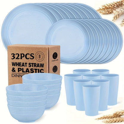 Wheat Straw Dinnerware Set 16 or 32 Piece – Plates & Bowls for 4 or 8 People, Microwave & Dishwasher Safe Plastic Dish Set