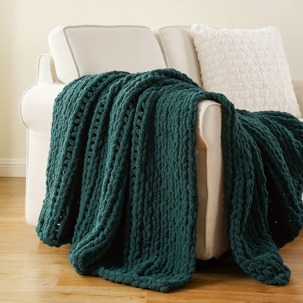Chunky Chenille Cable Knit Throw Blanket, 350-400gsm Crochet Throw for Sofa, Bed & Couch, Vintage Patchwork