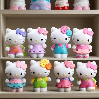 KT Cat Mini Figurine Set 8pcs, Cute Anime Desktop Ornaments Collectible Dolls for Entryways, Bedrooms and Living Spaces