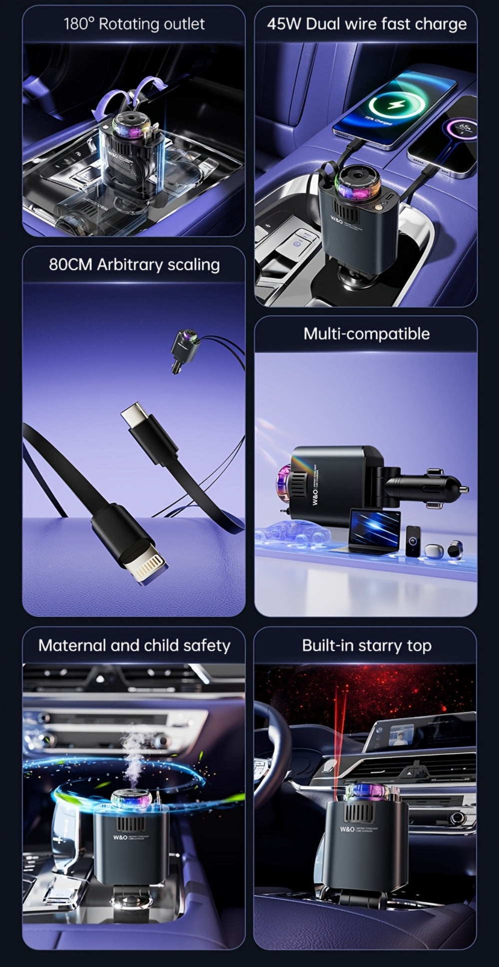 3-in-1 Car Charger, Air Freshener & Starry Sky Ceiling Light – Retractable Type-C & Lightning Cable, Aromatherapy Perfume