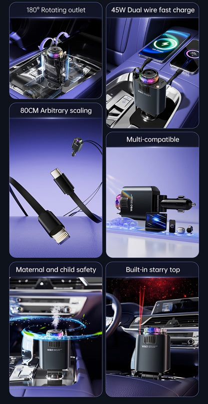 3-in-1 Car Charger, Air Freshener & Starry Sky Ceiling Light – Retractable Type-C & Lightning Cable, Aromatherapy Perfume
