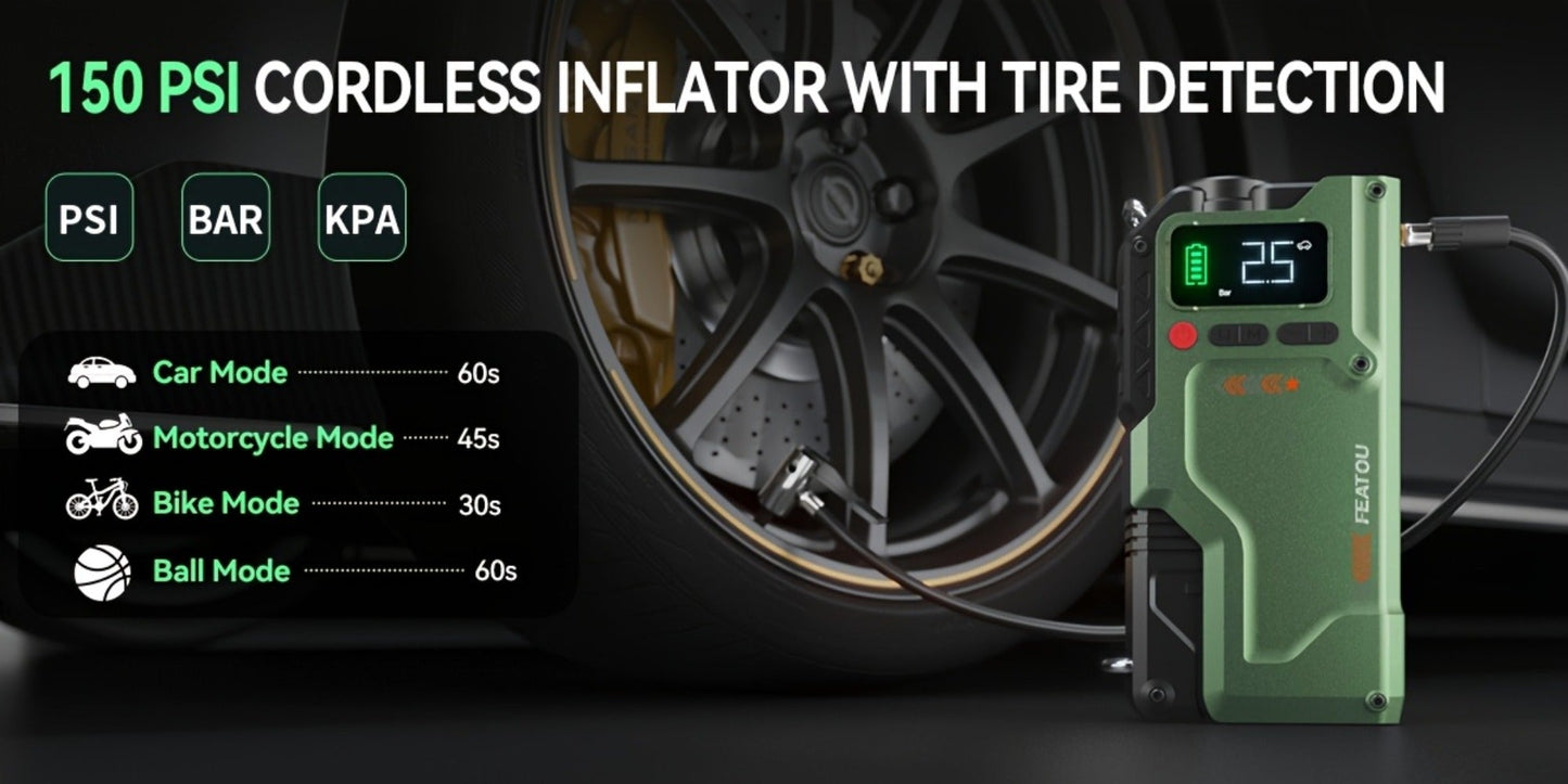 Green Jump Starter and Tire Inflator Enhanced Version with Digital Pressure Display and Clamp Leads