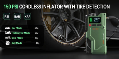 Green Jump Starter and Tire Inflator Enhanced Version with Digital Pressure Display and Clamp Leads
