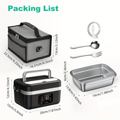 Heated Lunch Box, 8000mAh Battery-Powered 60W Food Warmer with 1L Stainless Steel Inner Container