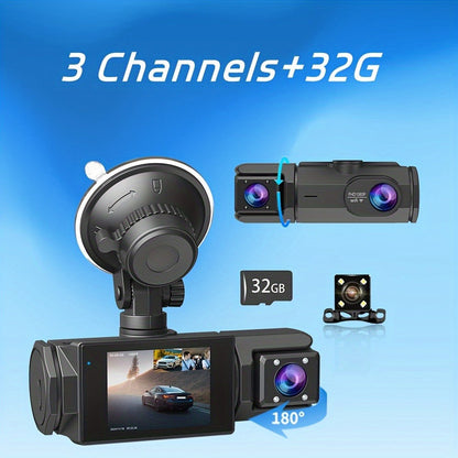 1080P-Labeled Dash Camera with Two- or Three-Lens Options, Screen and Optional WiFi or 32GB Card