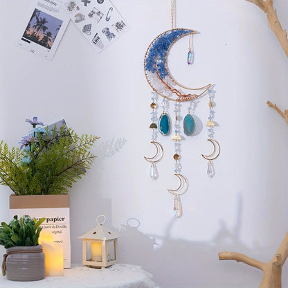 Dreamcatcher Moon Suncatcher Wall Hanging, Handmade Boho Wind Chime Pendant for Indoor Outdoor Garden