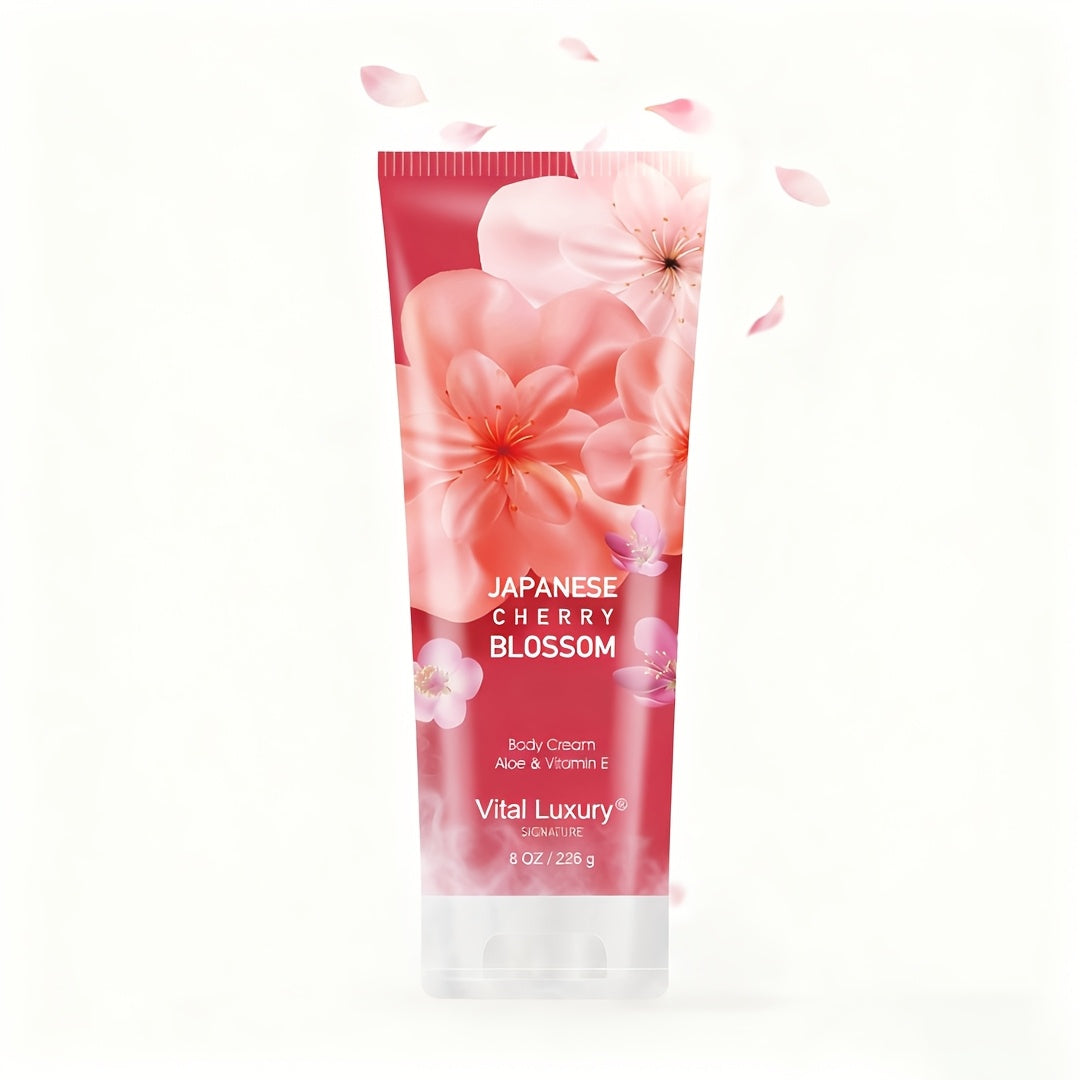 Japanese Cherry Blossom Body Lotion in 8 fl oz Squeeze Tube with Vitamin E and Glycerin Labels