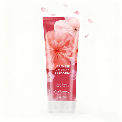 Japanese Cherry Blossom Body Lotion in 8 fl oz Squeeze Tube with Vitamin E and Glycerin Labels