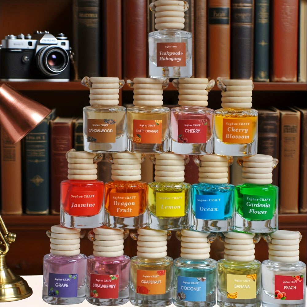Car Air Freshener 18-Pack Hanging Diffuser Bottles with Six Random Scents and Adjustable Wooden Caps