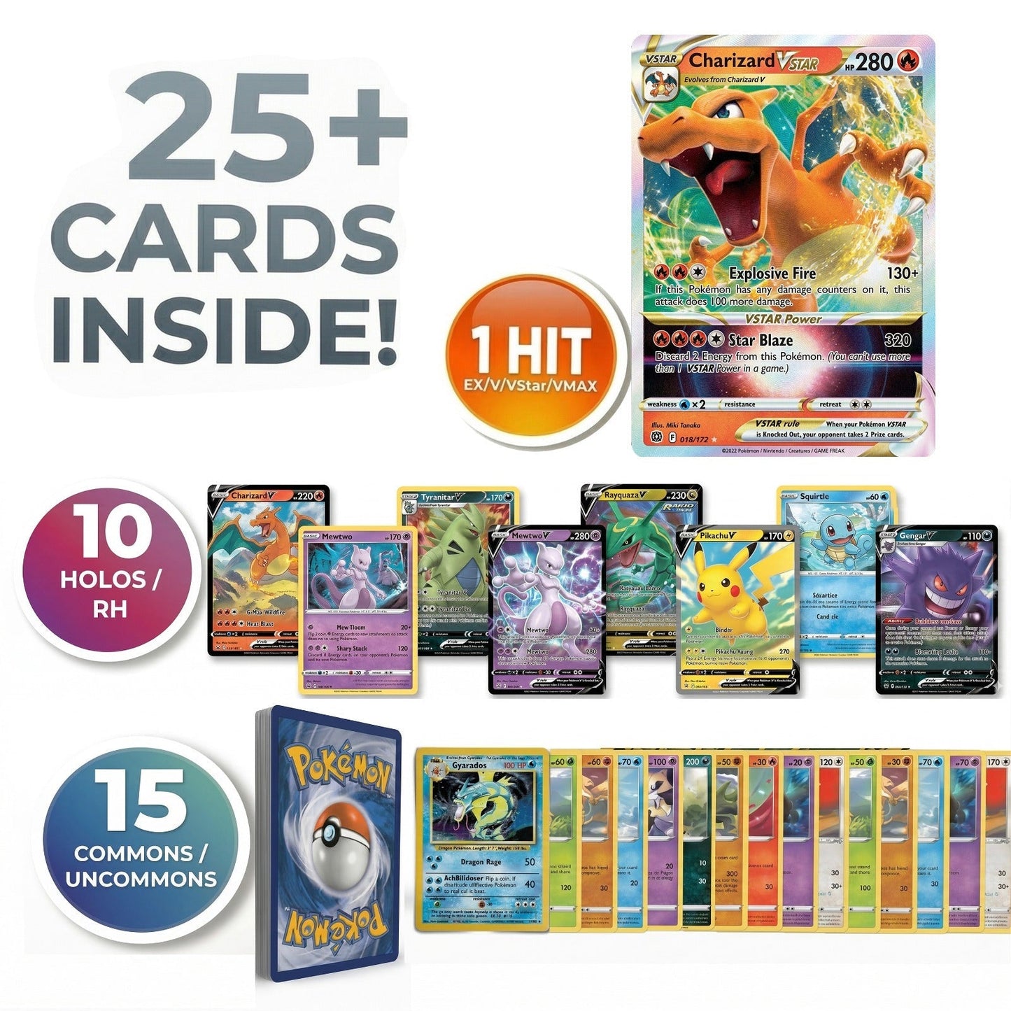 Pokemon Mystery Pack 26 Cards, 1 Hit Card EX GX V VMAX Ultra Rare, 10 Holos & Reverse Holos