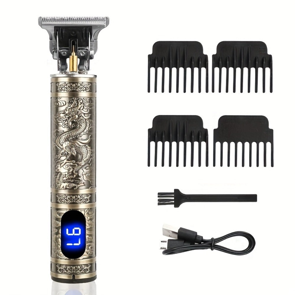 Hair Clipper Vintage T-Blade Cordless Trimmer with LCD Power Display and Dragon or Buddha Designs