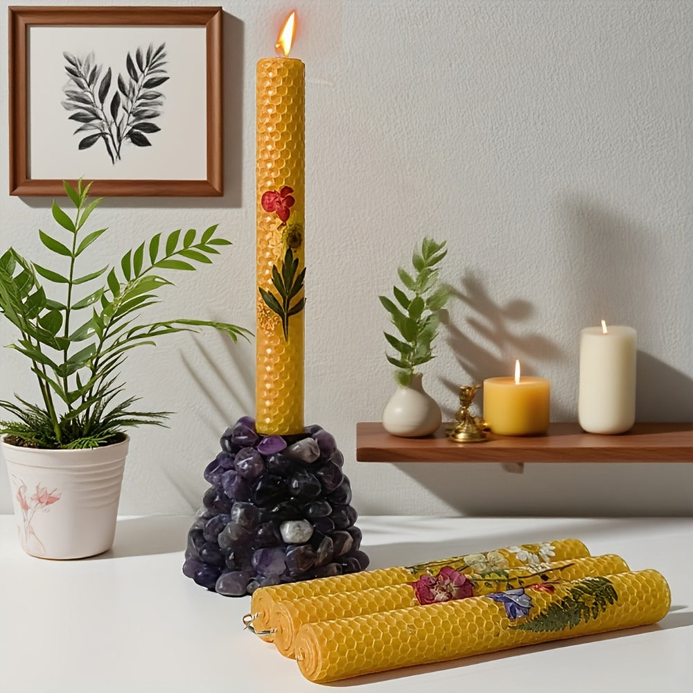 Floral Cone Candle Holders Set of 4, 10-Inch Decorative Beeswax Taper Candles for Holiday Parties