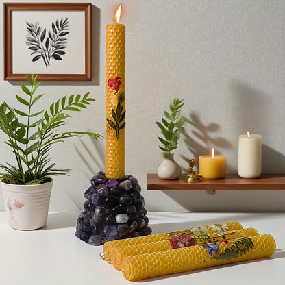 Floral Cone Candle Holders Set of 4, 10-Inch Decorative Beeswax Taper Candles for Holiday Parties